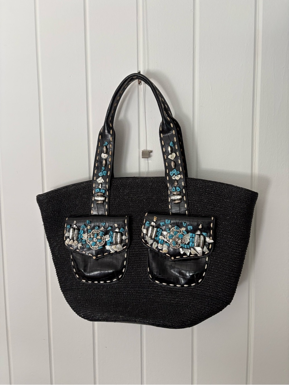 Braccialini wicker tote Black with turquoise and silver beading